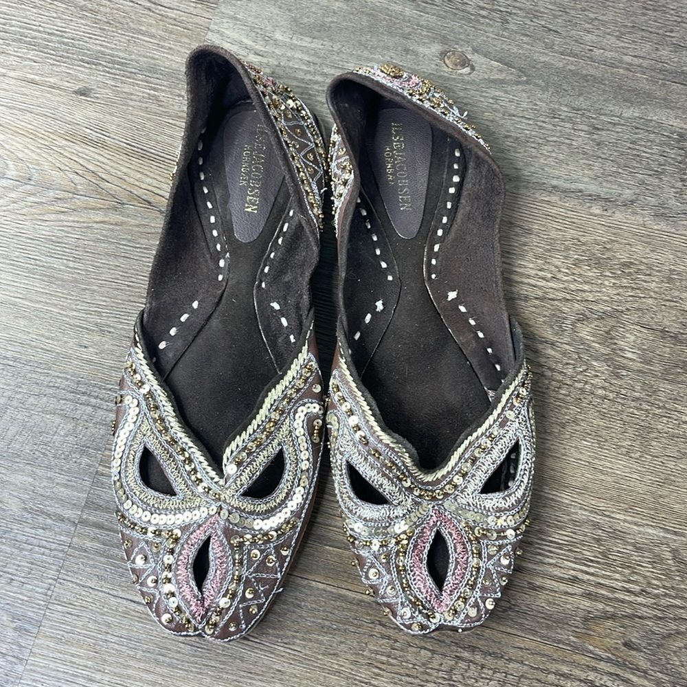 Ilse Jacobsen Hornbaek Leather Suede Beaded Flats Brown Rose Gold UK 40 US 9-9.5